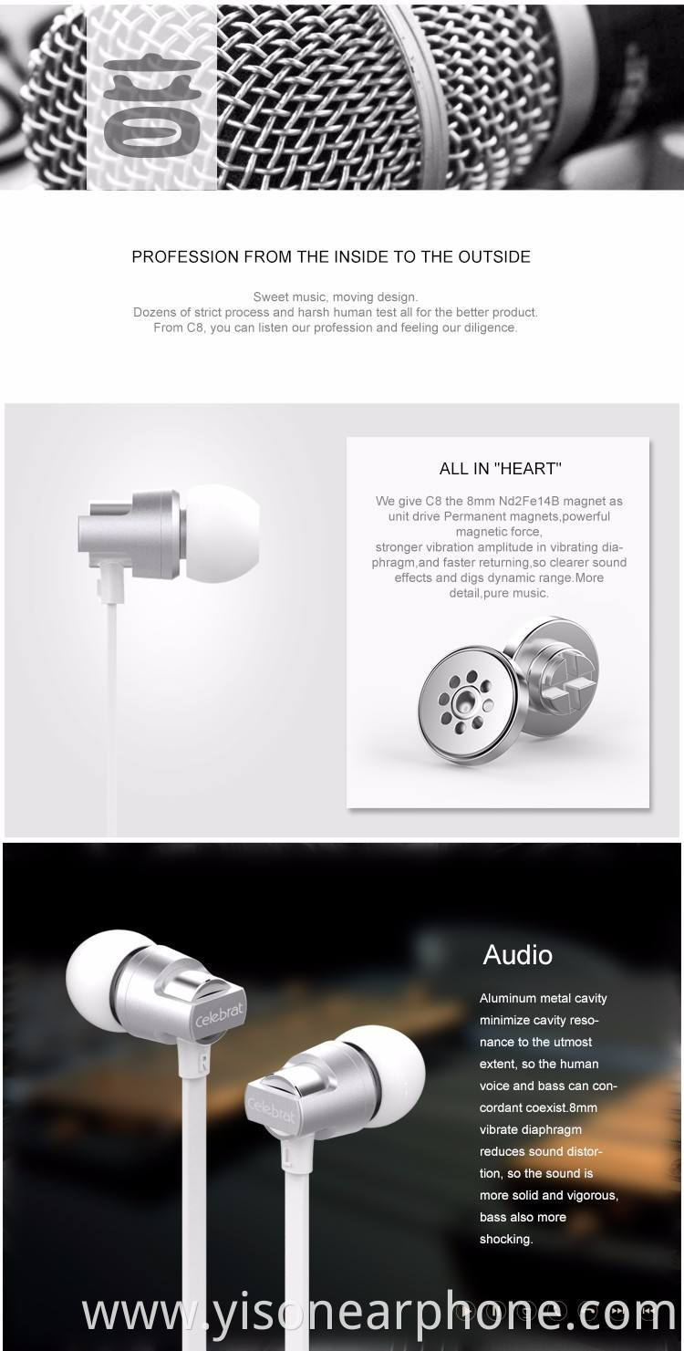 YISON C8 3.5mm Plug Stereo Sound Earphones bass Product In-ear Flat Wire Earphones Headphone With Mic